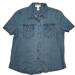 VTG 90s Drapers & Damons Denim Shirt Womens Petite M Blue Button Up Short Sleeve